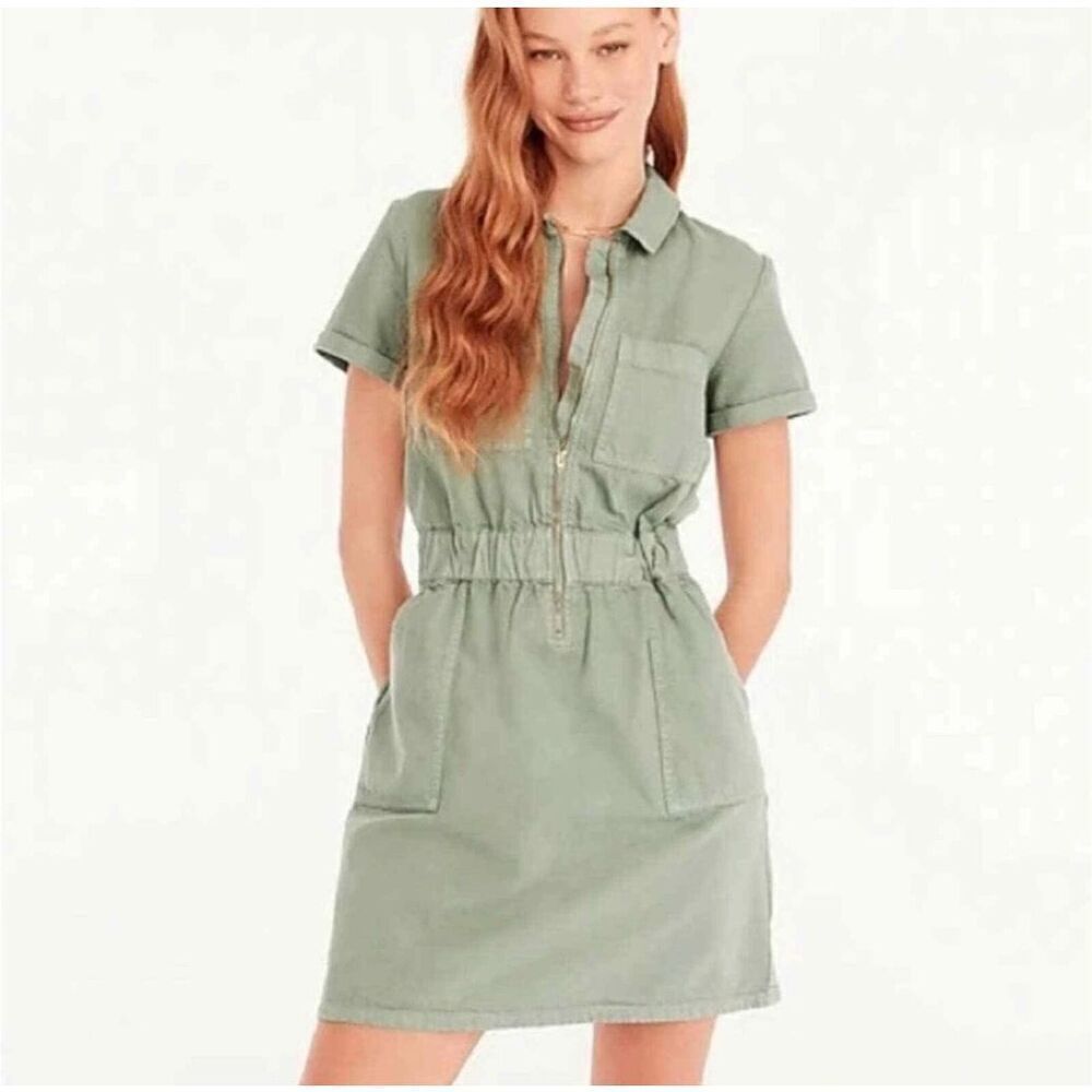 J. Crew Utility Zip Front Chino Dress Green Elastic Waist Short Sleeve Size 2